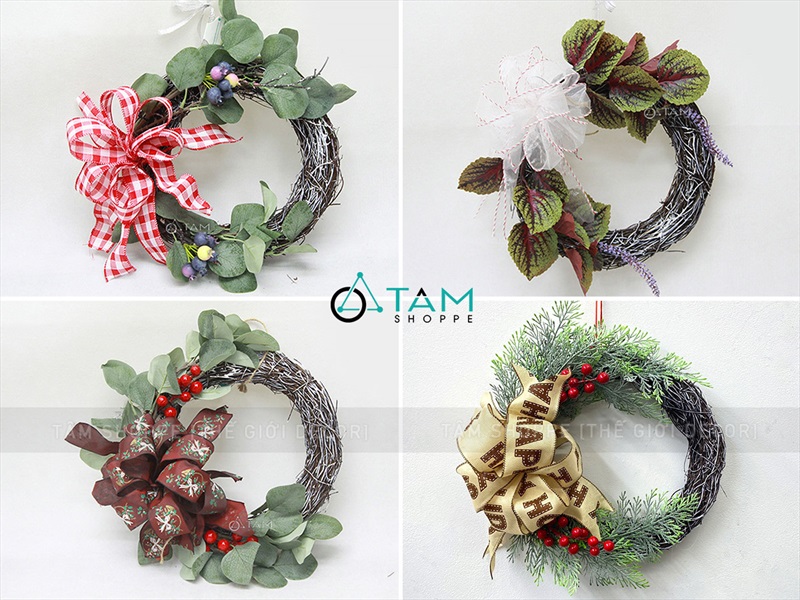 Vòng nguyệt quế Noel nửa vòng thắt nơ ĐK30cm VNGQ-X-43